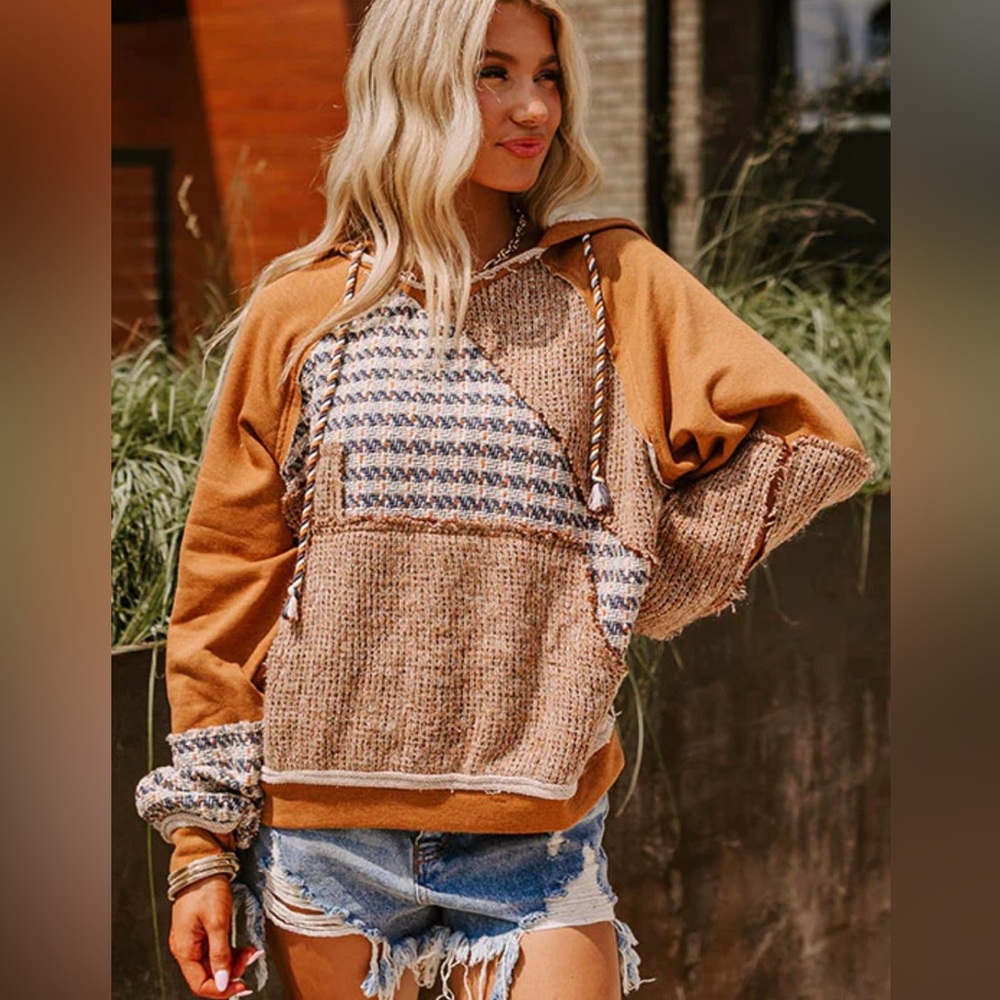 Oli & Hali Oversized Patchwork Knit Pullover Top Boho Cozy Textured Small NWOT